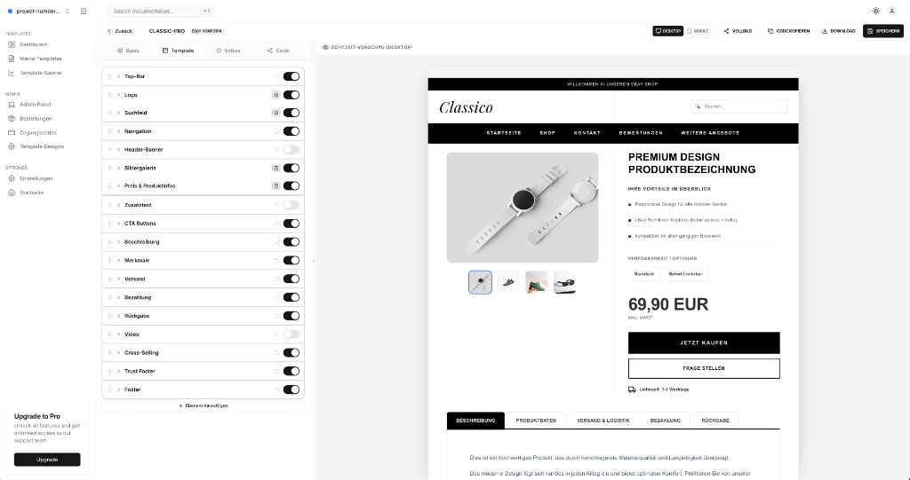 Template Generator Editor — Visueller Template-Editor mit Live-Vorschau